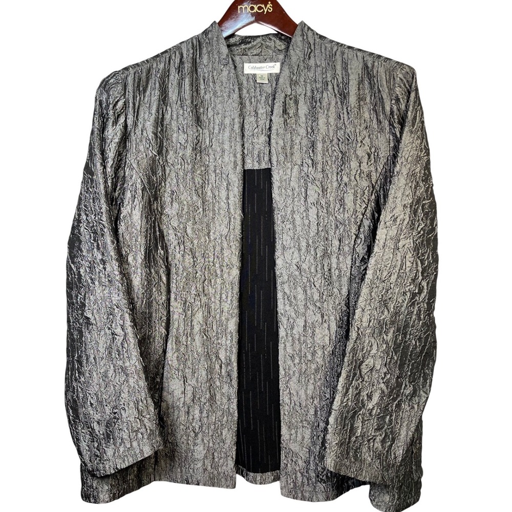Coldwater Creek Jacket Womens 1X Silver Excellent Crinkle Metallic Open Front